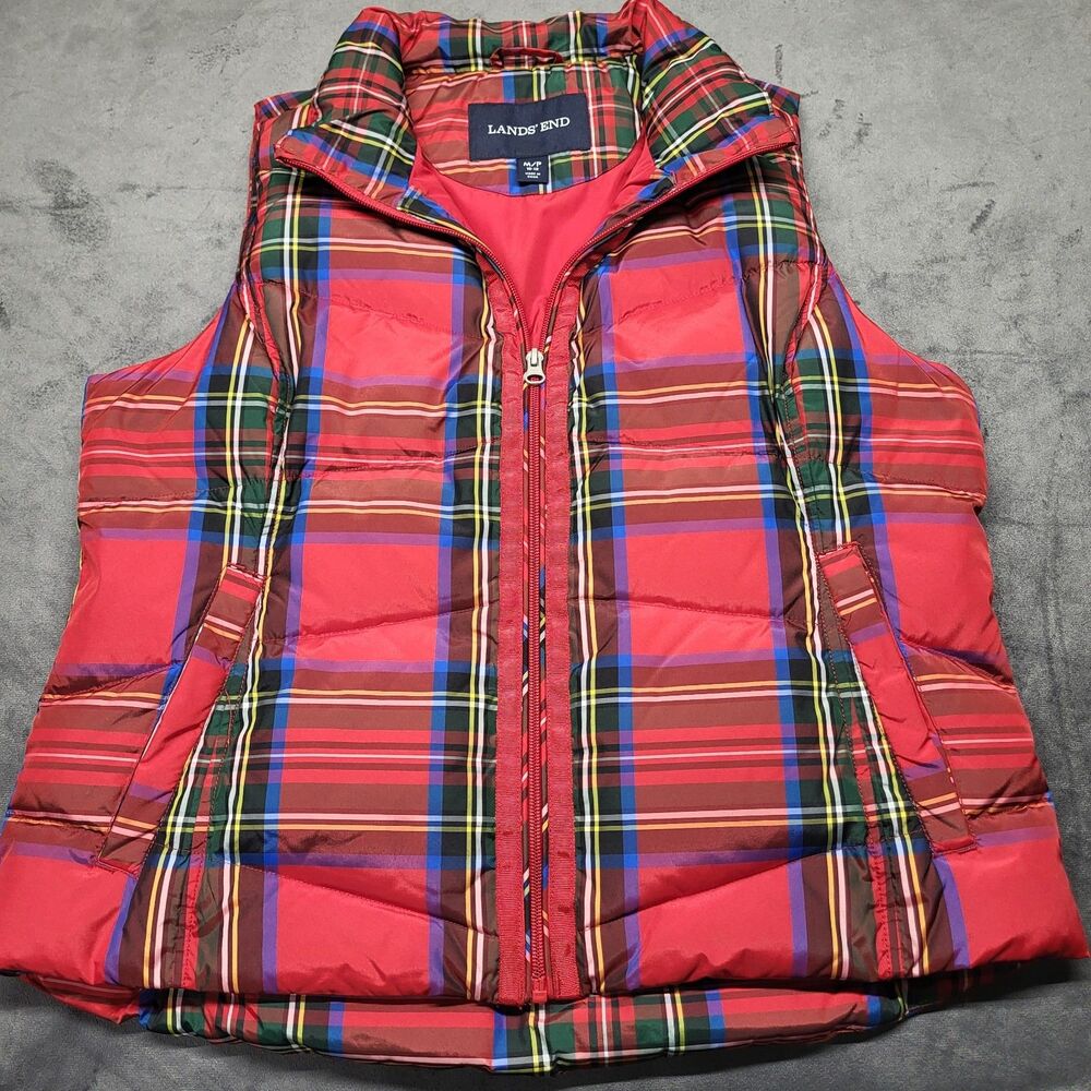 Lands End Puffer Vest Petite Medium Red Plaid Pockets Christmas